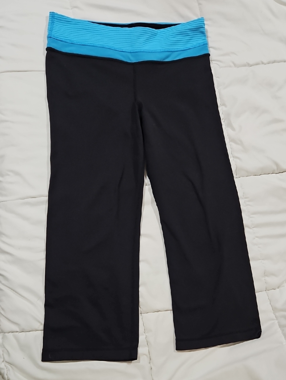 Women's Black Capris with Bright Blue Fold-Over Waistband (Size Med)